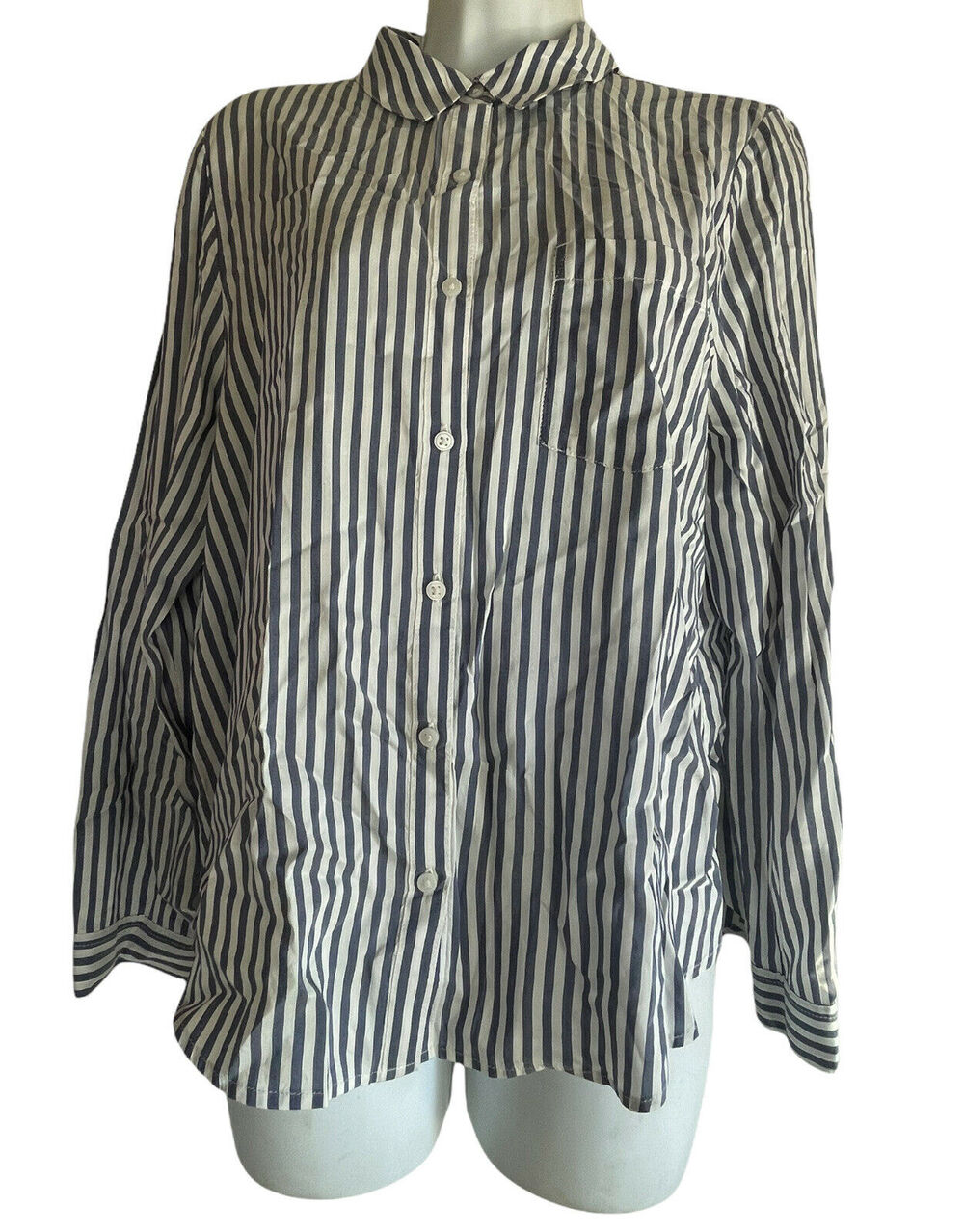 Leith Women's Size M Striped Long Sleeve Blue White Button Up Blouse